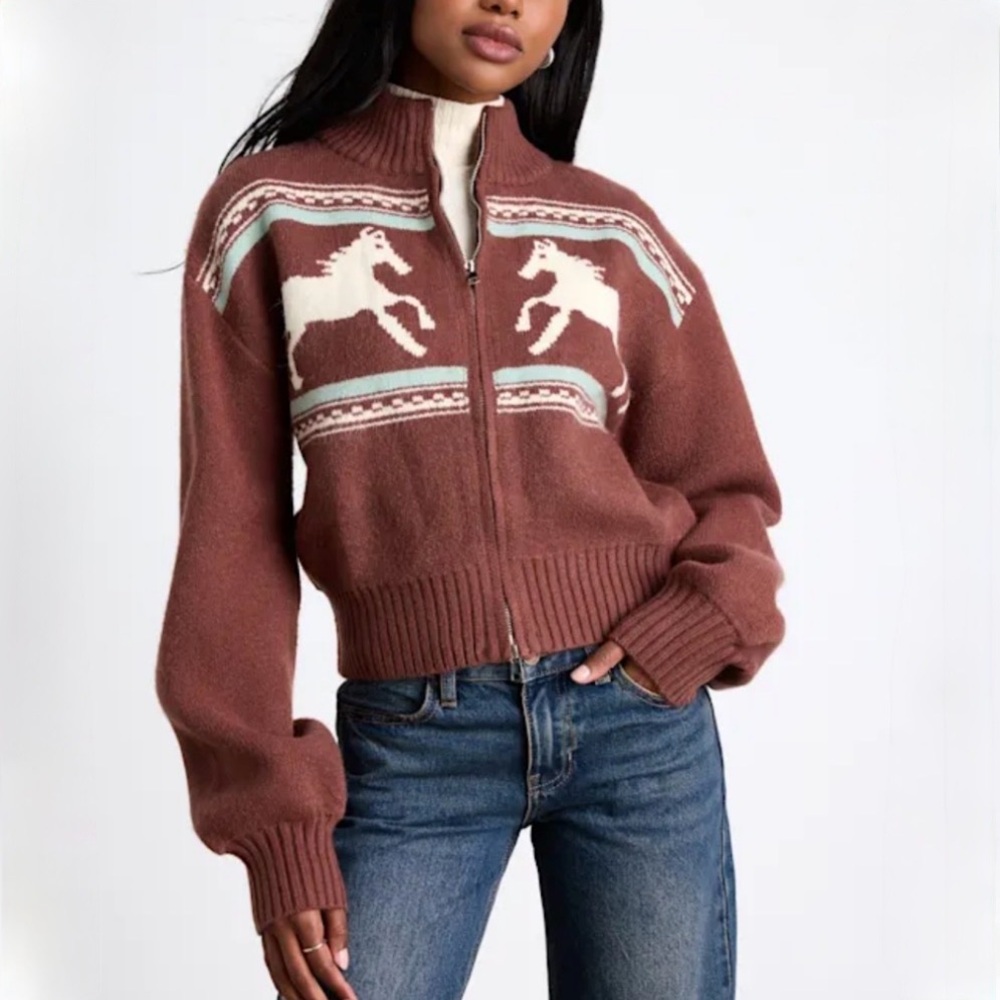 Lulus Duchess Brown Horse Print Zip-Front Sweater size XS NWT